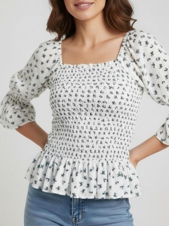 LOFT Tops - LOFT White Smocked Peplum Top with Green Floral Print